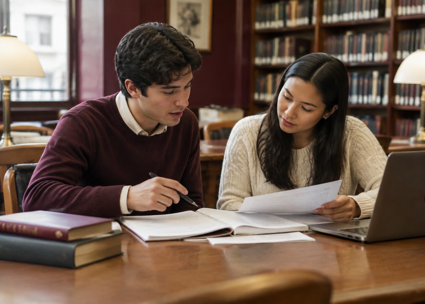 Two students reviewing assessment notes and printed pages together at a library table